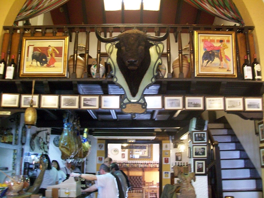 a stuffed bull's head mounted above the bar